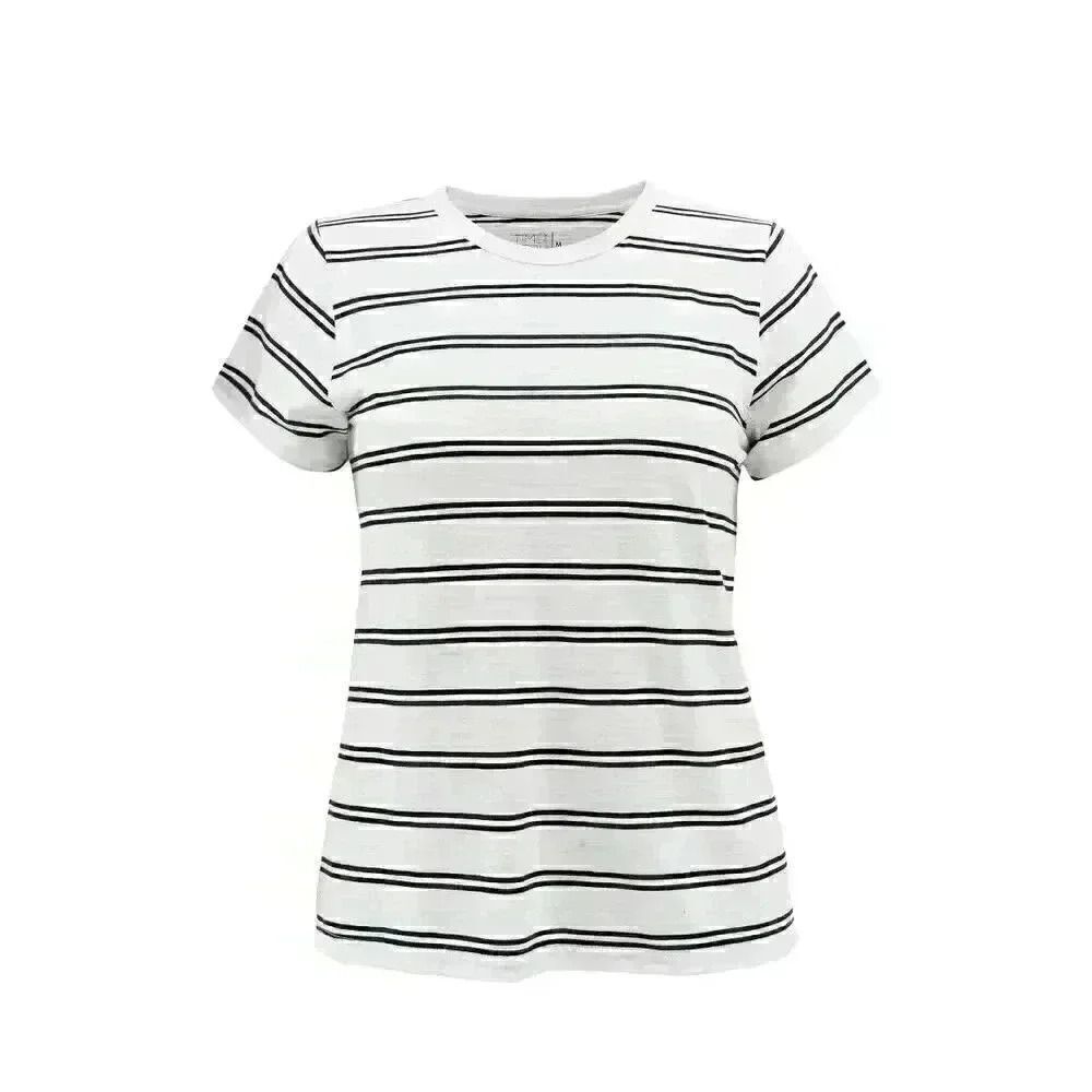 Time & Tru Women's Vivid White/Black Soot Cotton/Poly Striped T-Shirt NEW